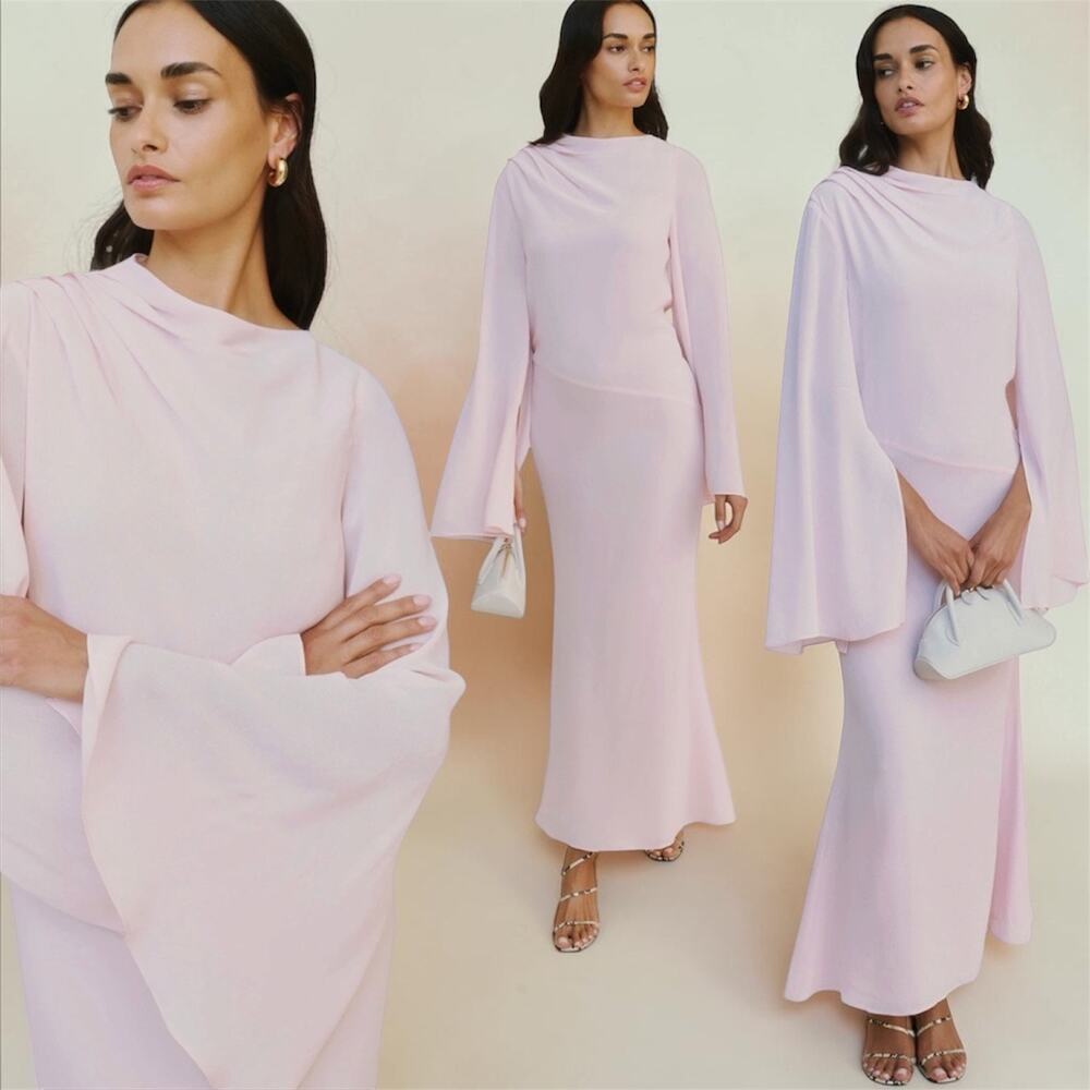 Few Moda Juliana Light Pink Maxi Dress Draped Cape Sleeve Elegant Wedding Guest